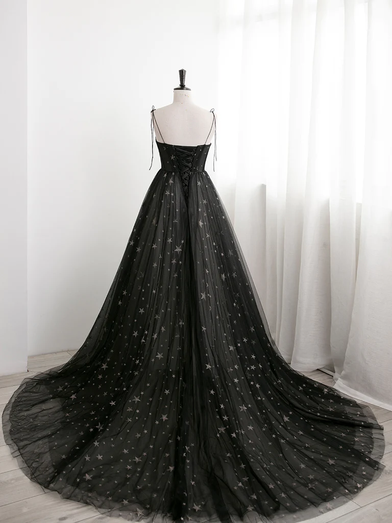 Robe de soirée longue noire à bretelles en tulle, robe de soirée noire formelle, robe de bal gh11