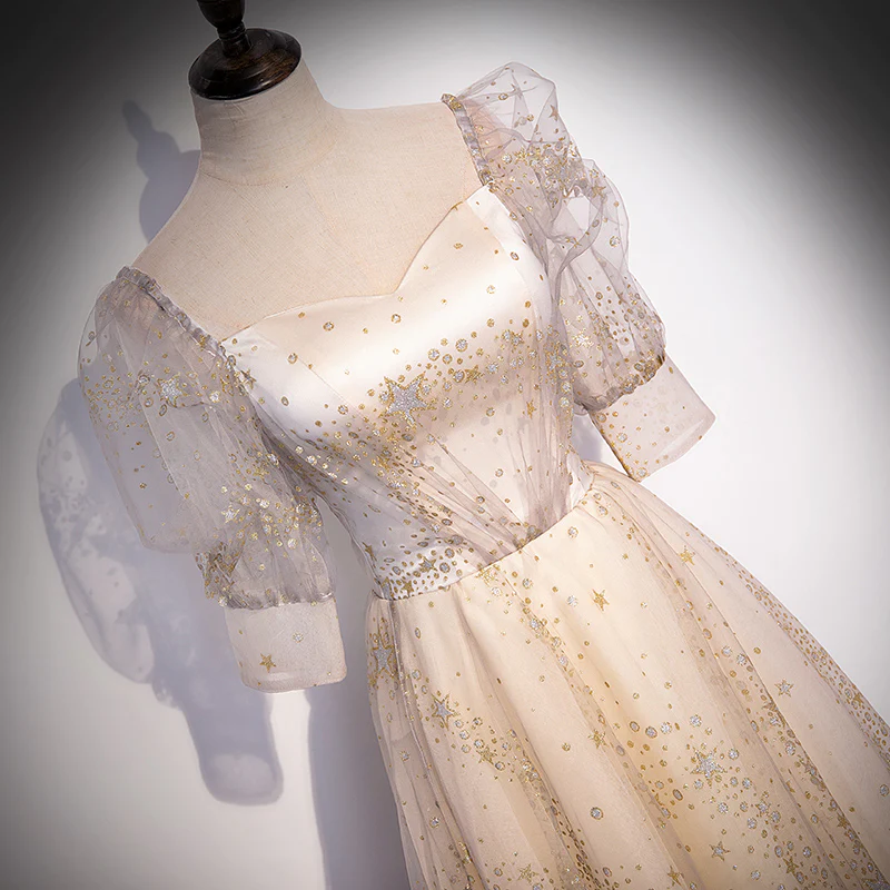 Robe longue de soirée en tulle à manches courtes couleur champagne clair, longueur au sol, coupe trapèze, robes de soirée gh15