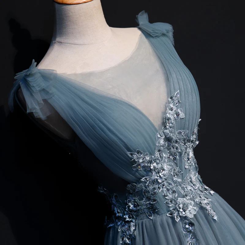 Belle robe de soirée longue en tulle bleu, robe de bal trapèze avec appliques en dentelle gh271