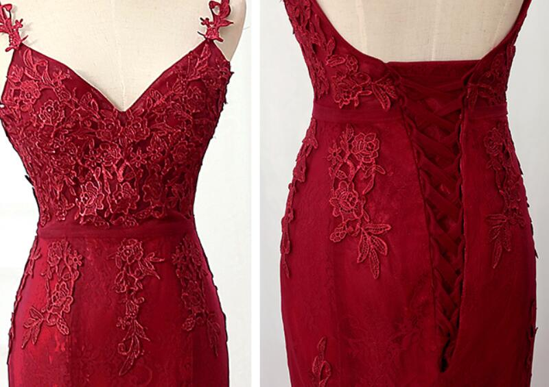 Bezauberndes Meerjungfrau-Spitzen-Burgunder-Abschlussballkleid, langes Tüll-Abendkleid gh431