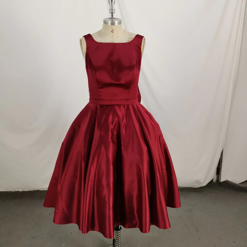 Dark Red Satin Backless Vintage Style Party Dress With Bow, High Quality Handmade Dress gh509