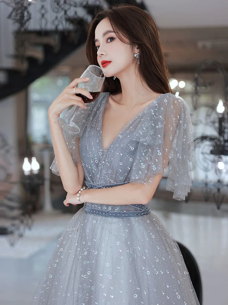 Lovely Grey Shiny Tulle V-Neckline Puffy Sleeves Long Prom Dresses, Grey Evening Dresses gh24