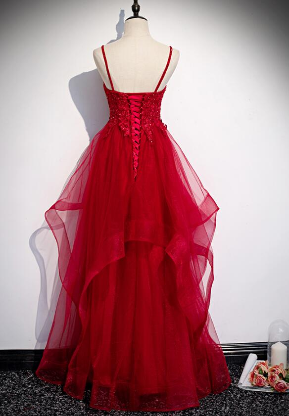 Robe de soirée longue à la mode en tulle et dentelle rouge, robe de bal longue gh277