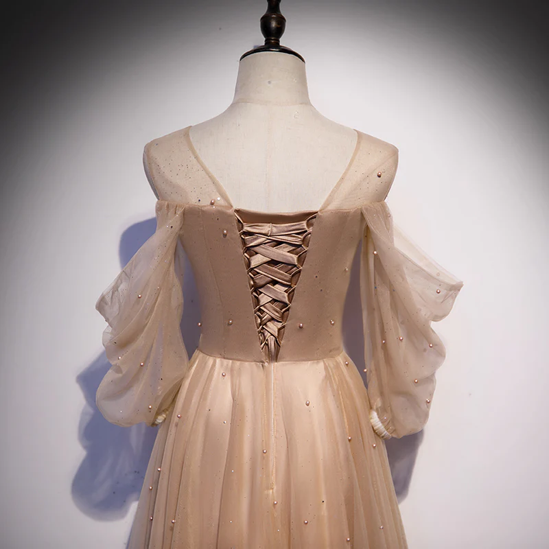 Robe de soirée à manches longues bouffantes en tulle champagne, belle robe de bal longue au sol gh31