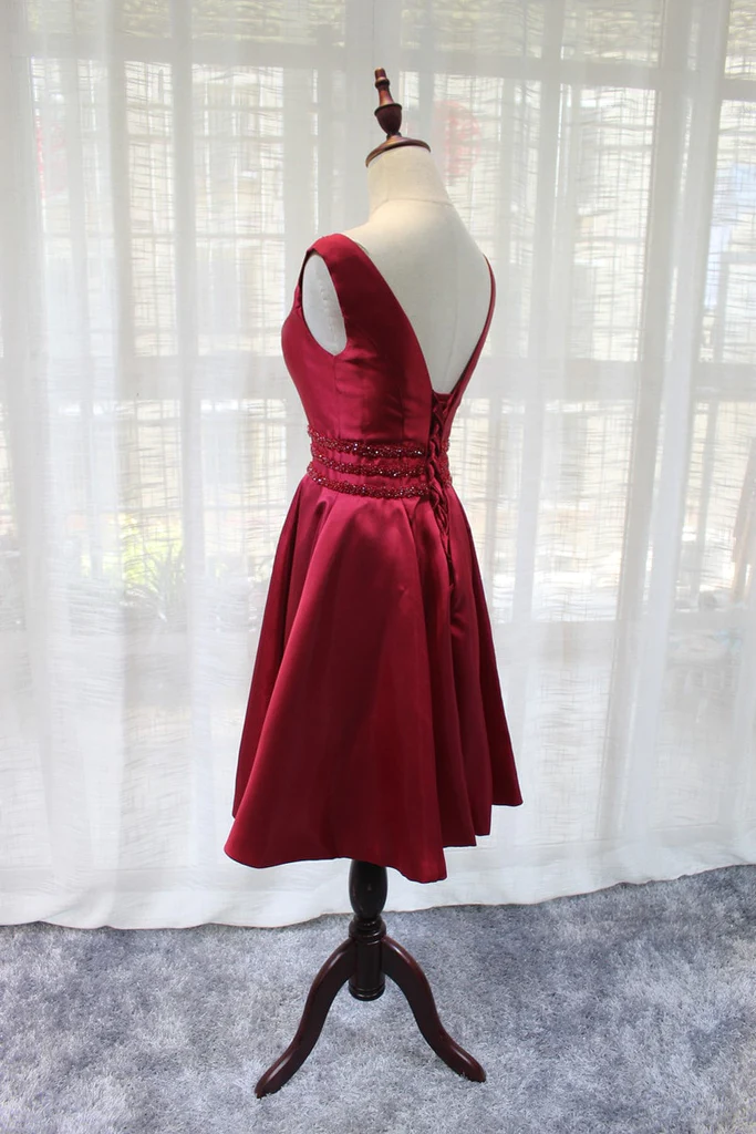 Beautiful Dark Red Satin V-Neckline Party Dress, Charming Short Homecoming Dress gh531