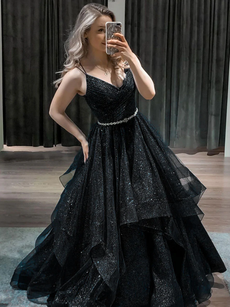 Robe de bal longue en tulle à paillettes et col en V bleu, robe de soirée bleue gh913