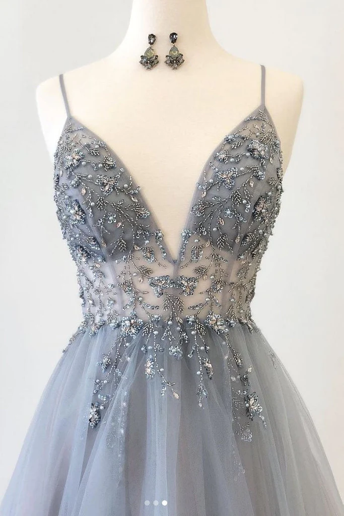 Grey spaghetti strap beaded tulle A-line long ball gown evening dress gh1037