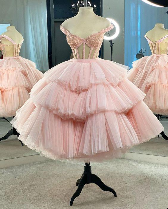 Robe courte en tulle rose coupe A Robe de soirée en tulle rose gh1727
