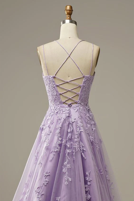 Custom Made Lace Lilac Prom Dresses Long Evening Dress Spaghetti Straps Formal Gown with Train gh1151