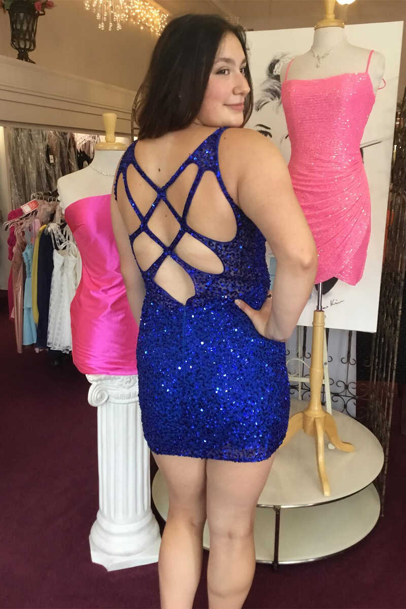 Royal Blue Sequin V-Neck Cutout Back Bodycon Short Dress gh1256