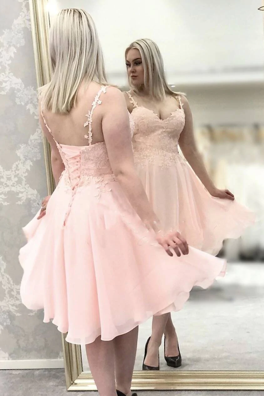 Pink Spaghetti Straps Lace Appliques Short Homecoming Dress gh1552
