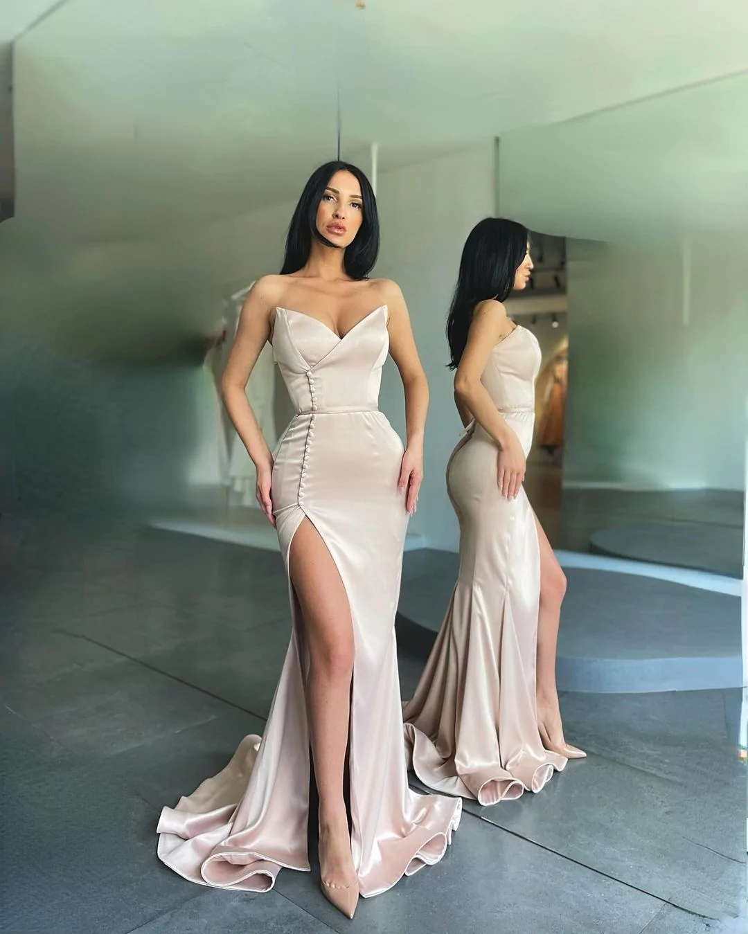 Sexy Long Mermaid Elegant Strapless Prom Dresses Sleeveless High Split Button Satin Formal Dress Women Evening Party Gowns gh1141