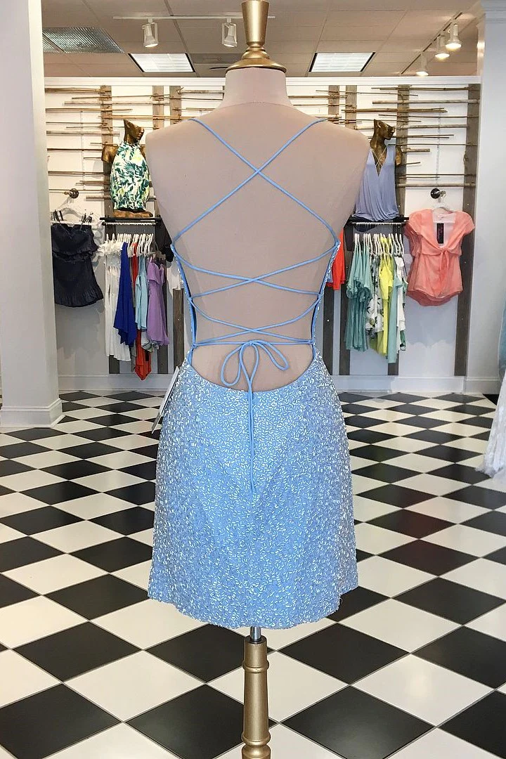Robe courte à sequins bleu ciel avec lacets dans le dos gh1470