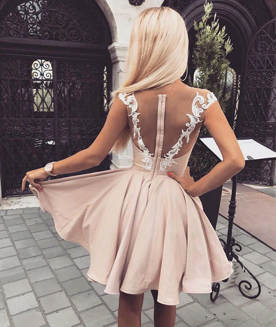 Jolie robe de bal courte en dentelle rose, robe de soirée rose gh1765