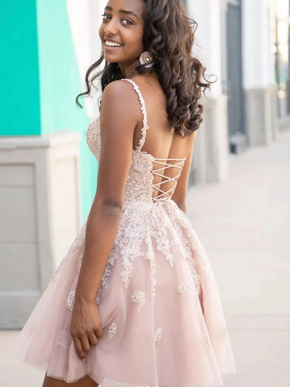 Pink A-line V-neck short lace prom dress formal homecoming dress party dress gh1616