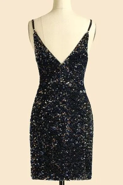 Robe de soirée courte noire à paillettes et col en V et bretelles spaghetti gh1413