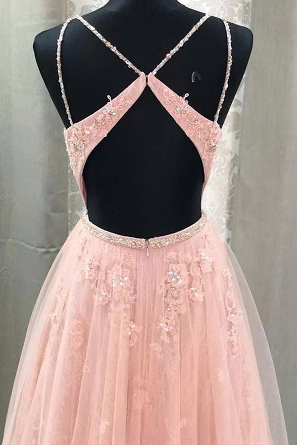 A-Line V Neck Spaghetti Straps Open Back Blush Lace Appliques Long Prom Dresses gh1018