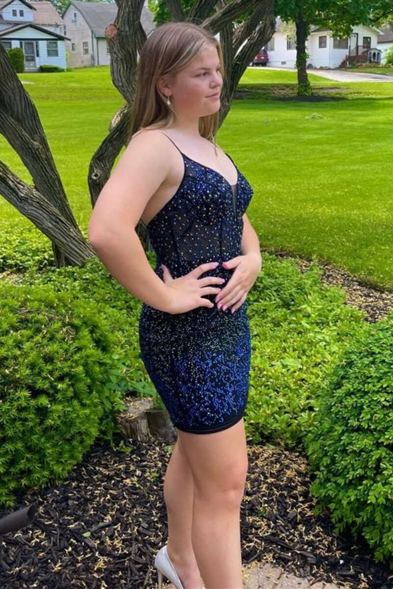 Robe de soirée moulante courte à bretelles spaghetti et perles bleu foncé gh1367