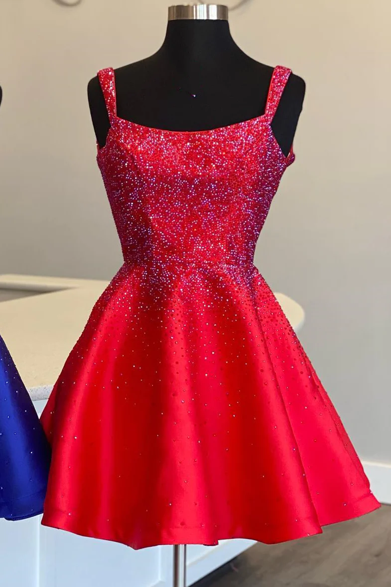 Robe de soirée courte à col carré et perles bleu roi gh1375