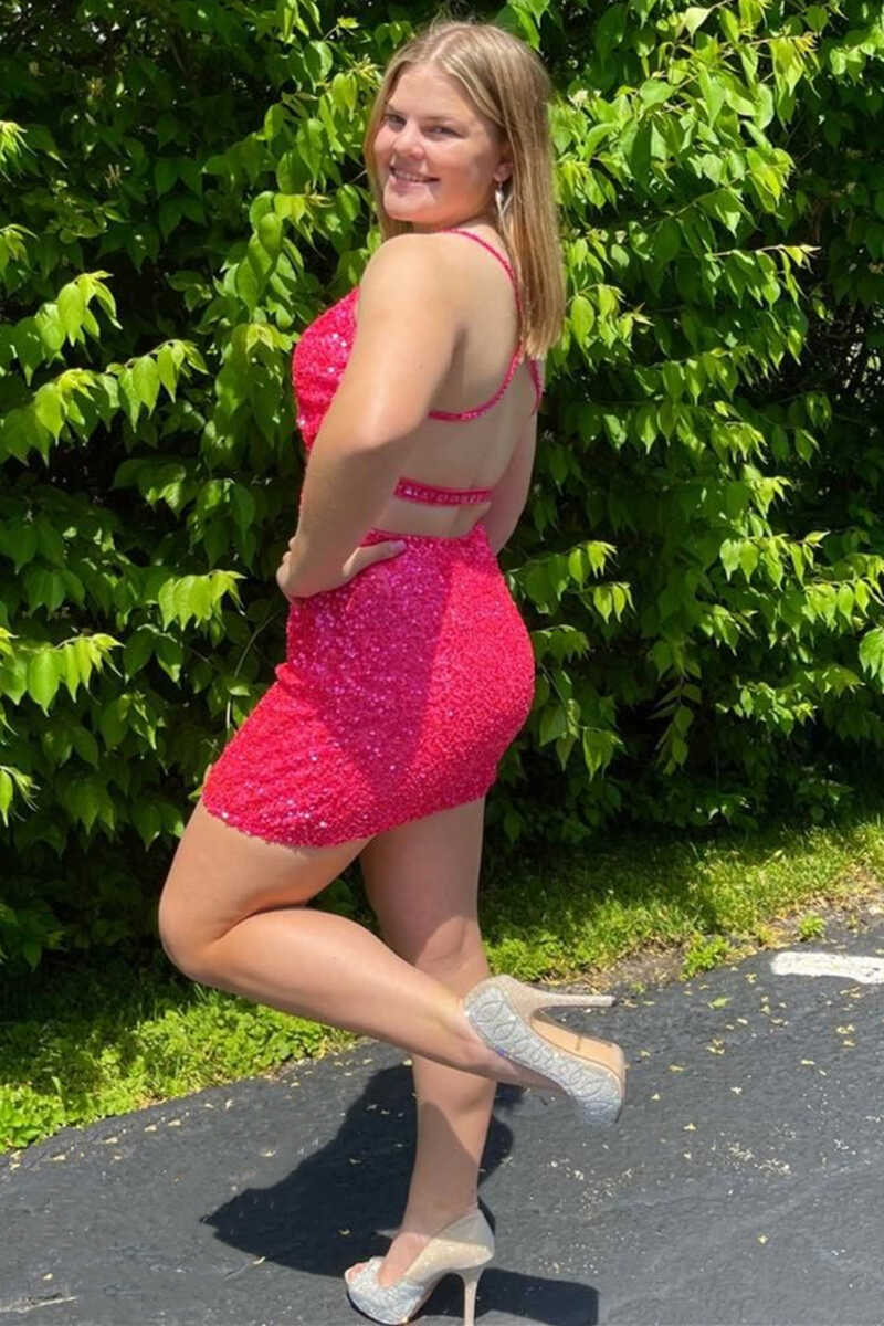 Robe de soirée courte dos nu à paillettes bleues gh1416