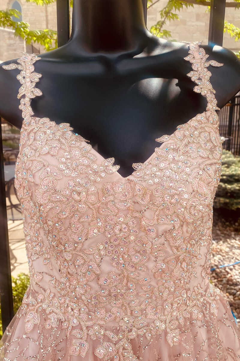 Robe de soirée courte à col en V et appliques roses gh1411