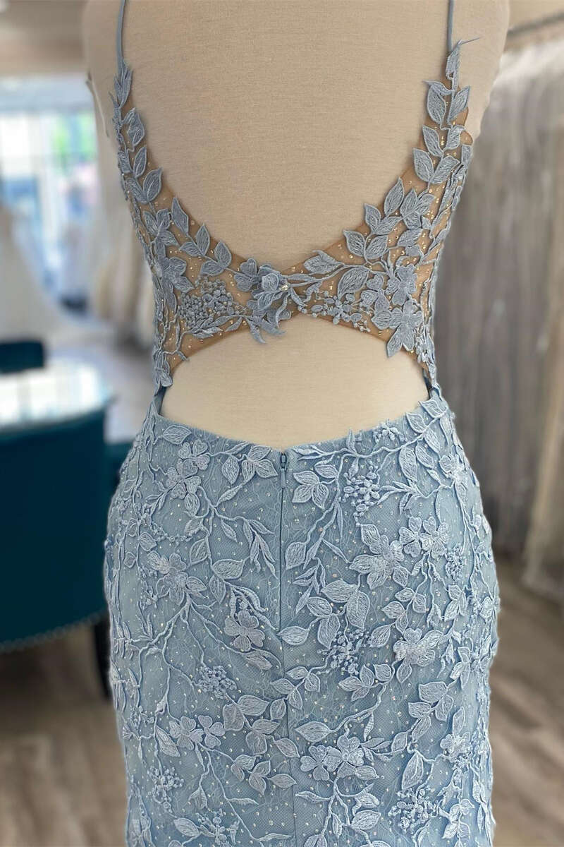 Light Blue Appliques Plunge V Backless Short Homecoming Dress gh1244