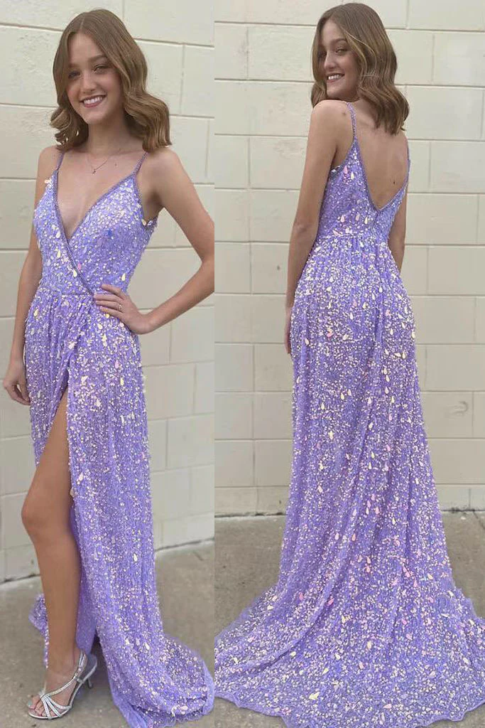 Purple glitter v-neck spaghetti straps long elegant sequin train prom evening gown party dress gh1801