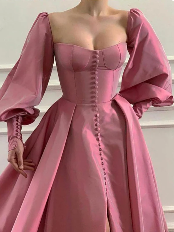 Square Nekline Classic Satin Prom Dresses, Bubble Sleeves Prom Dresses gh1837