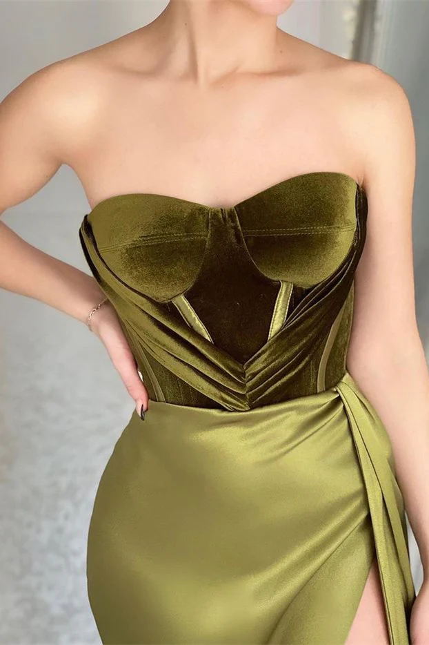 Elegant Green Strapless Sleeveless Mermaid Satin Prom Dresses with Slit gh1858