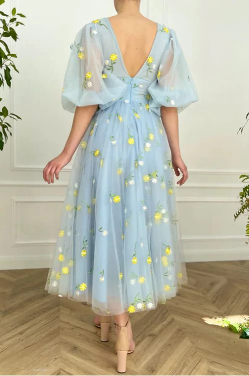 Blue floral tulle dress, Tulle dress prom, V-Neck puff sleeves prom dress, Wedding dress, Bridesmaid dress, Mesh Princess Dress gh1823