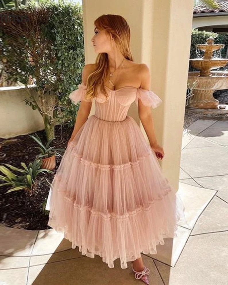 Ruffled Sleeves Tulle Dress, Tiered Ruffled A-line Skirt, Bridesmaid Party Dress, Graduation Dress, Wedding Party Dress, Tulle Corset Dress gh1825