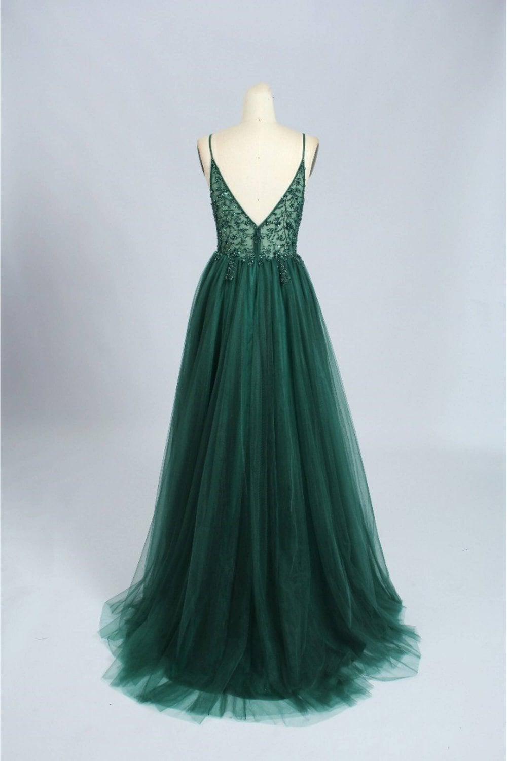 Emerald Green Tulle Prom Dress Beaded V Neck gh2341