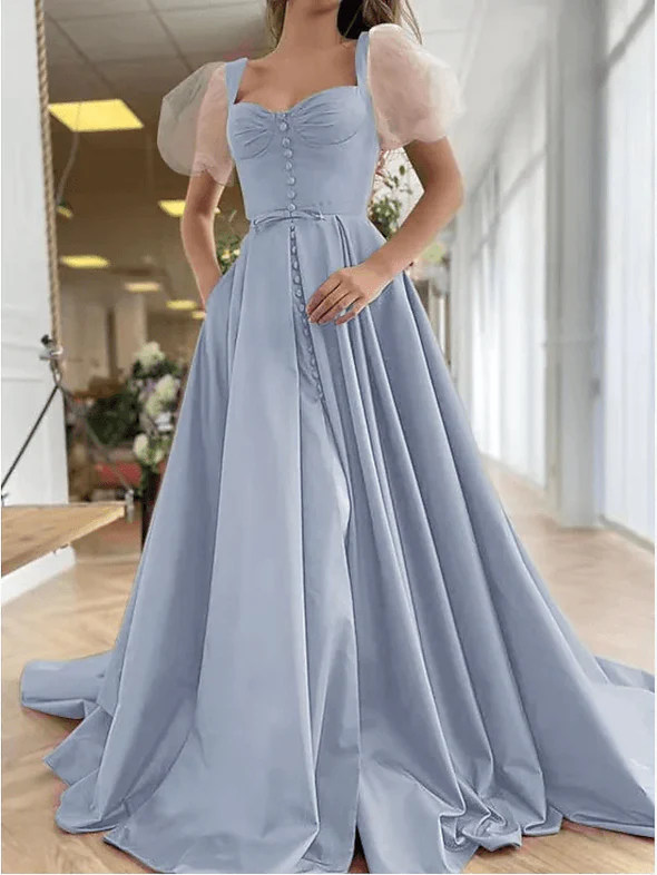 A-Line Elegant Vintage Engagement Prom Dress Scoop Neck Short Sleeve Sweep / Brush Train Satin with Pleats Split gh1841