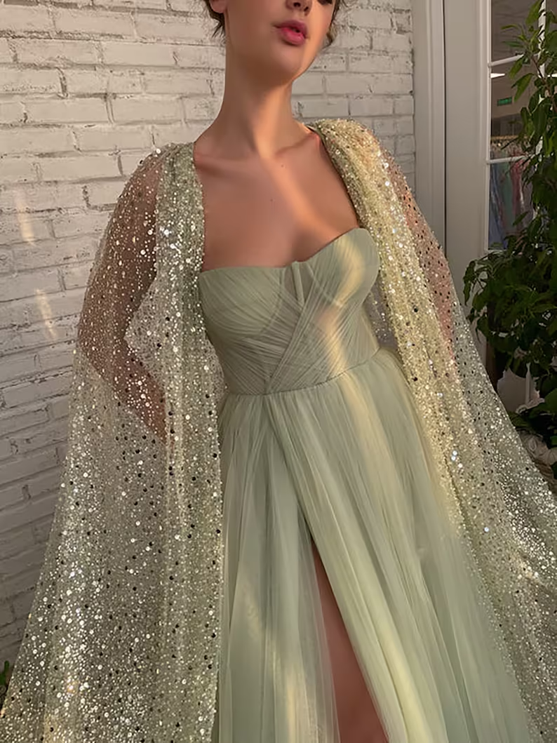 Sage Green Prom dress A line Floor-length Aurora Cape Tulle Prom Dress gh1828