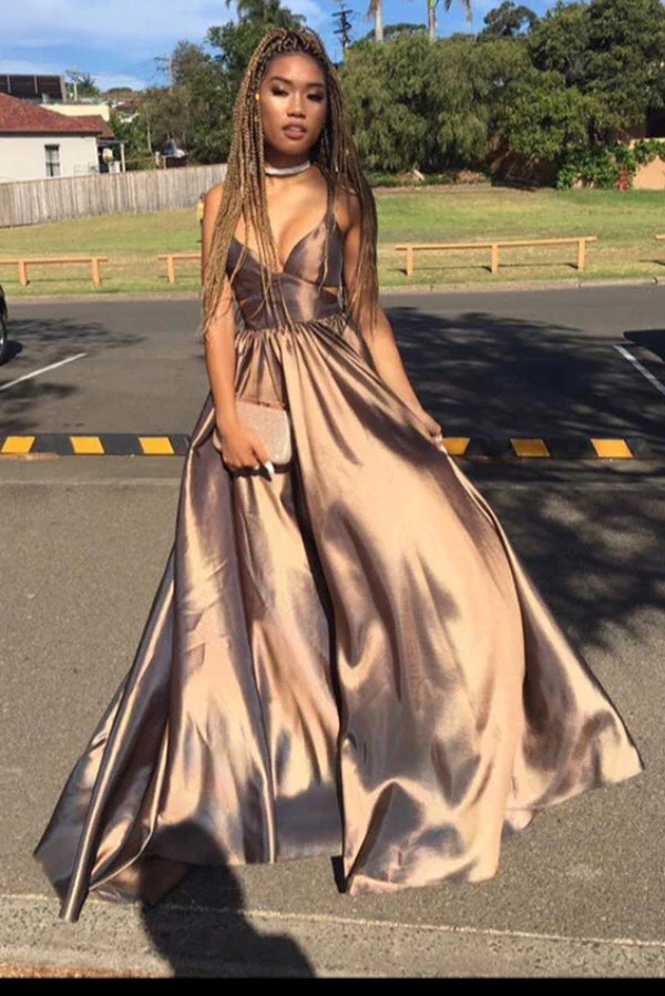 A Line Straps Floor Length Deep V-Neck Sleeveless Long Prom Dresses gh2574