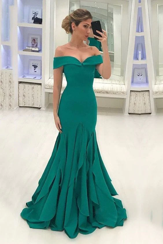 Grüne schulterfreie ärmellose Satin-Abschlussball-Kleid-Meerjungfrau-Abend-Kleider gh2368