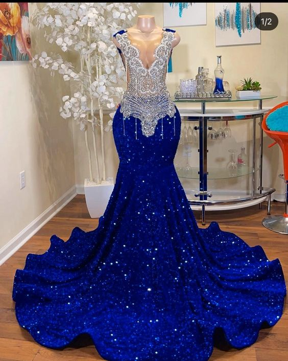 Sequin prom dress, long blue sequin dress gh2114