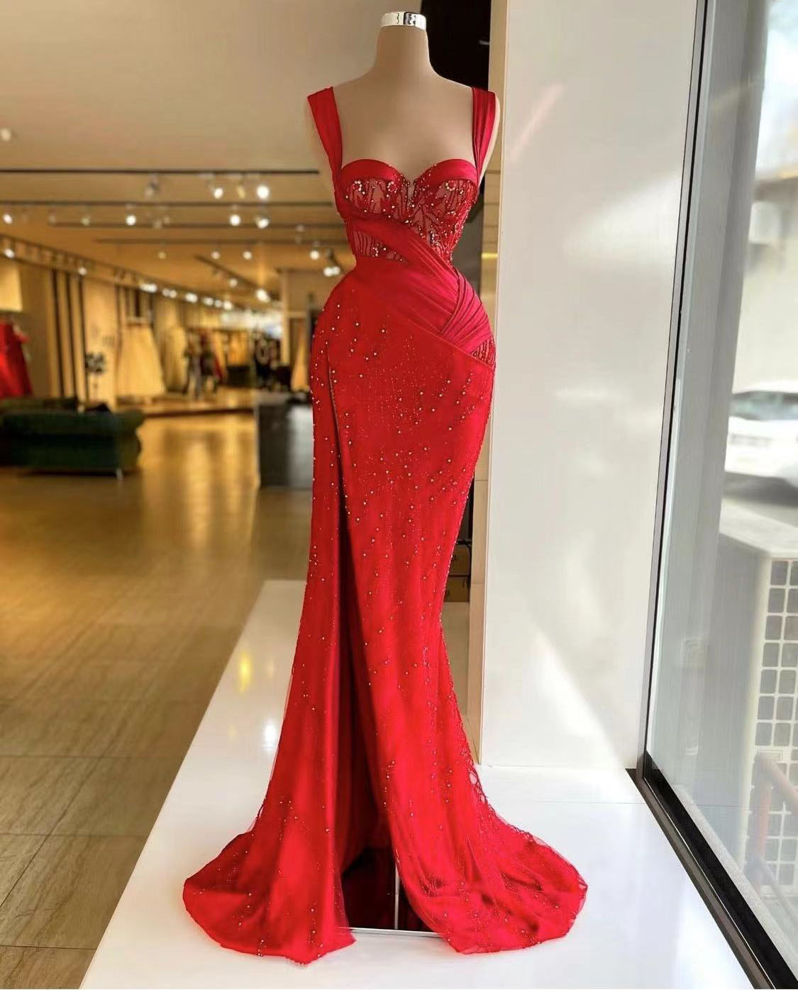 red prom dresses, lace prom dresses, beaded prom dresses, sweetheart prom dresses, side slit prom dresses gh2380