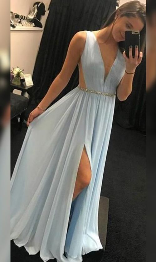 chic A-Line Chiffon With Sash Ribbon Belt V-neck Sleeveless Floor-Length Prom Dress gh1799