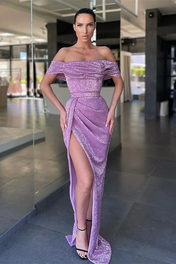 LILAC OFF-THE-SHOULDER SEQUINS PROM DRESS LONG WITH SLIT gh2039