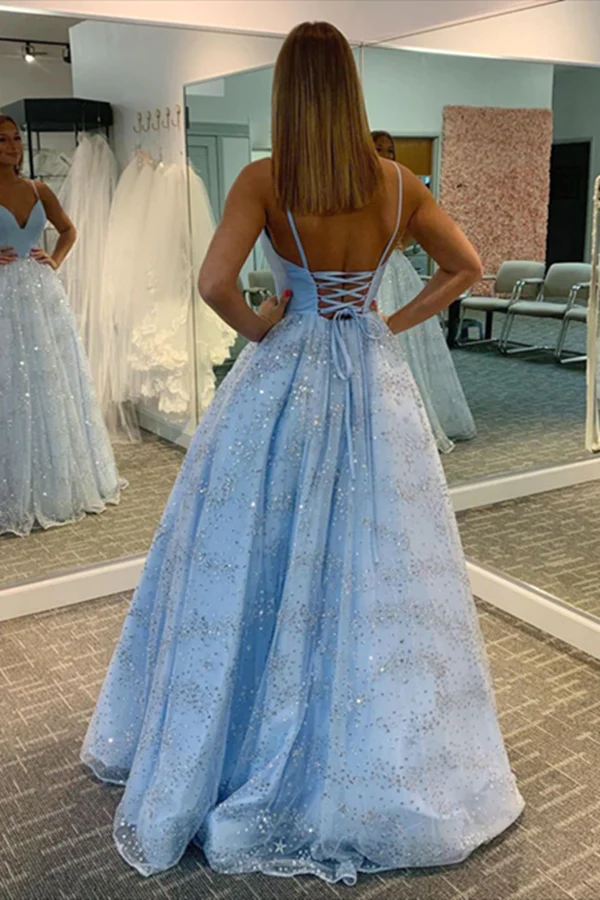 Sparking Lace Spaghetti Straps A line Prom Dresses, Long Prom Dress gh1965