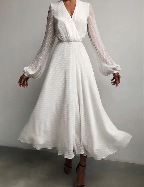 long sleeves white evening dress, prom dress gh2299