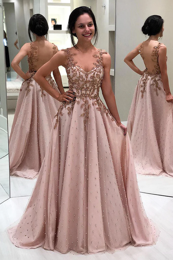 Gorgeous V Neck A Line Beaded Sleeveless Prom Dresses gh2274