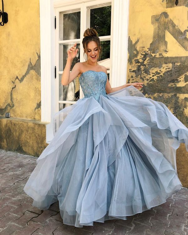 Strapless Long A-line Blue Lace Organza Prom Dresses, Long Prom Dresses, Popular Prom Dresses gh2222