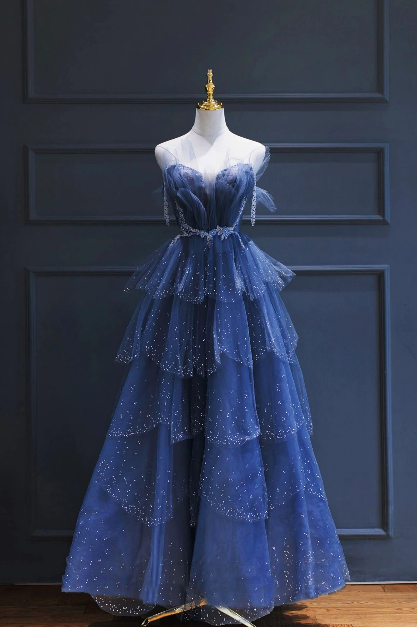Blue Tulle Beaded Long A-line Prom Dress  gh2105