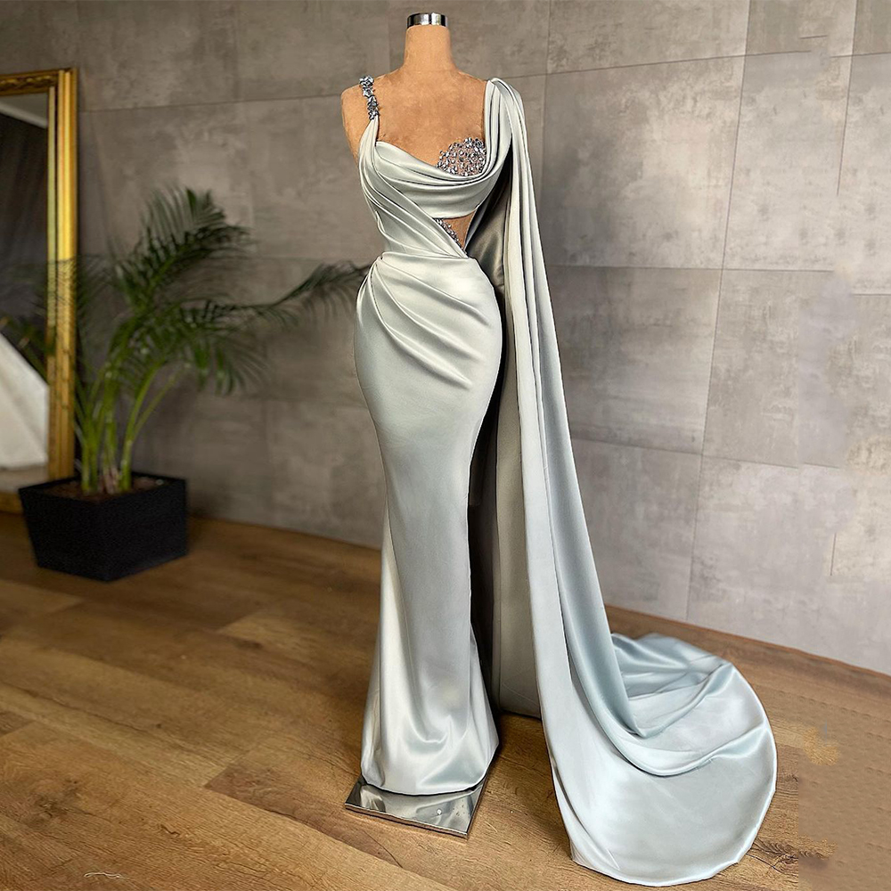 Mermaid Evening Dress Prom Gowns Sexy Beaded Stones Pleat Satin Formal Party Dresses with Long Shawl gh2182