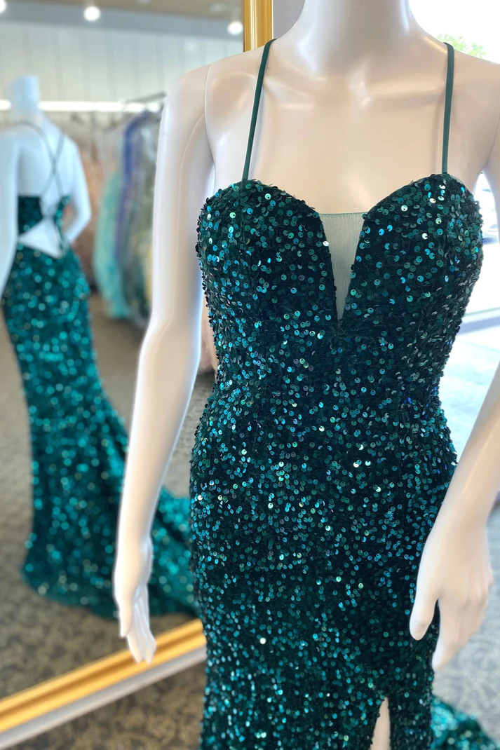 Hunter Green Mermaid V Neck Lace-Up Back Sequins Long Prom Dress with Slit gh2617