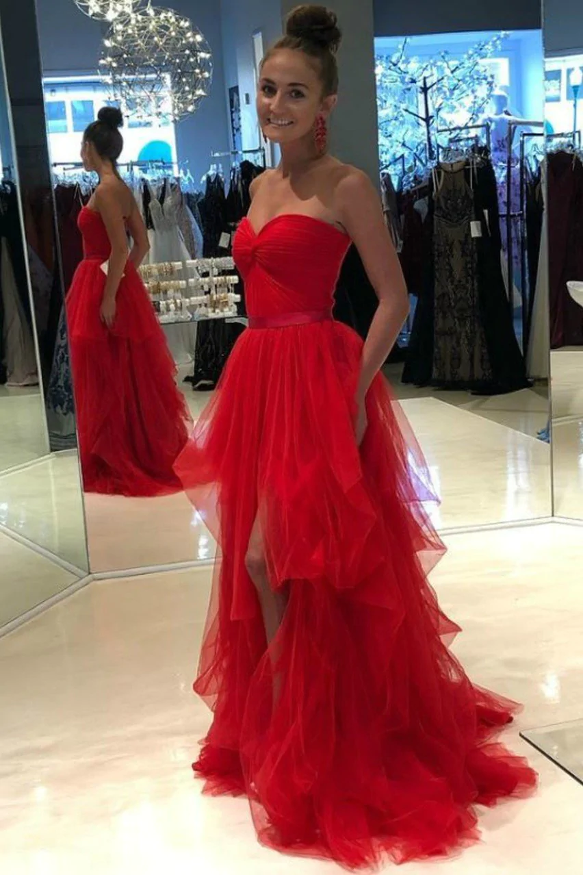 Sweetheart Backless Red Prom Dresses Tulle Ruffled Skirt gh2412