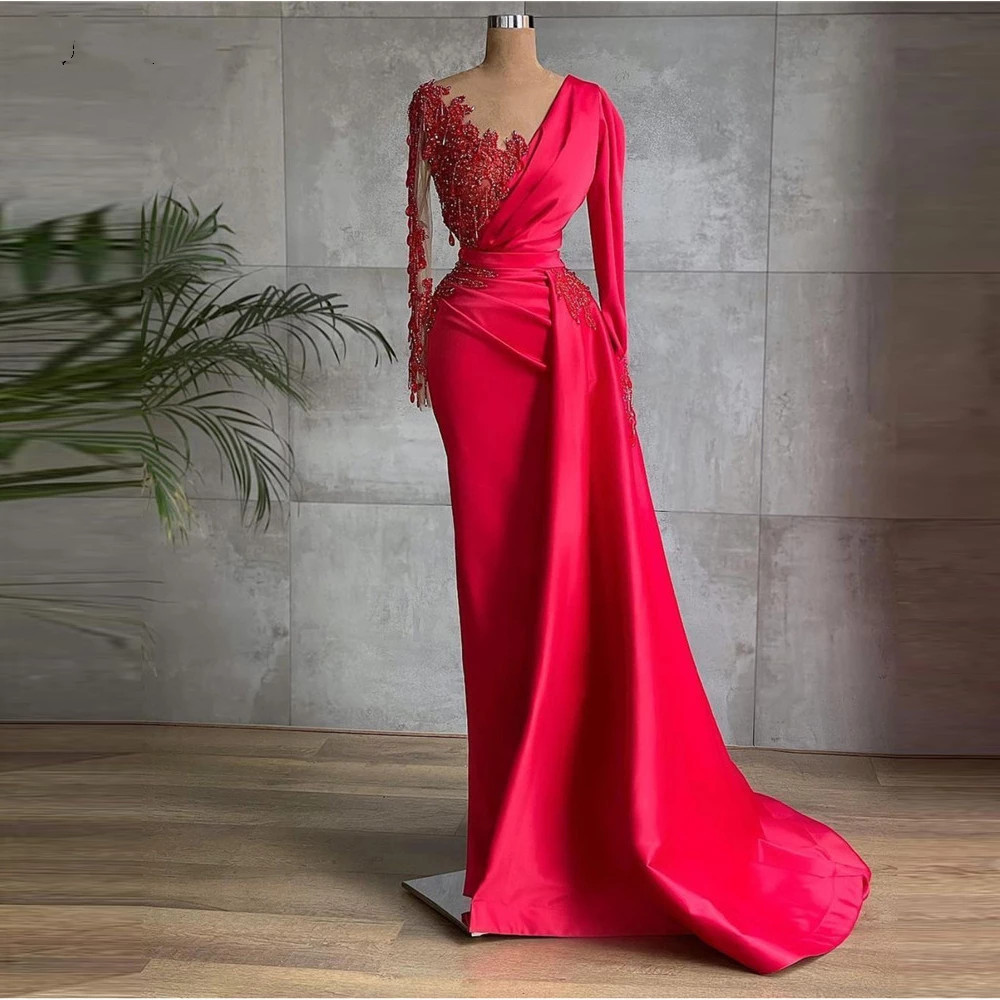 Glamorous Red Satin Dubai Evening Dresses Long Sleeves Sheer Neck Beads Prom Gowns Celebrity Formal Dress gh2202