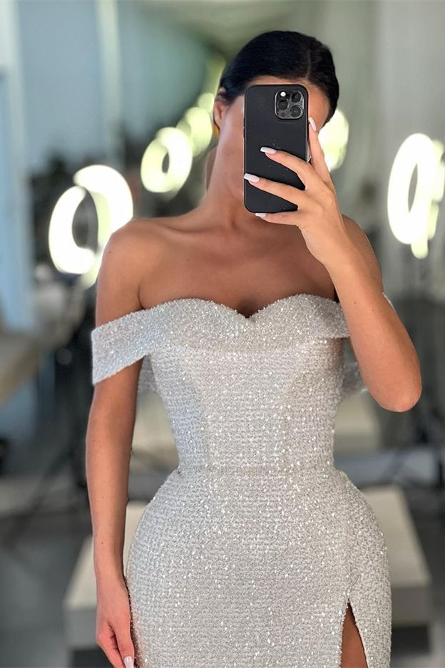 Mermaid White Off-the-Shoulder Sequins Prom Dress With Split gh2060